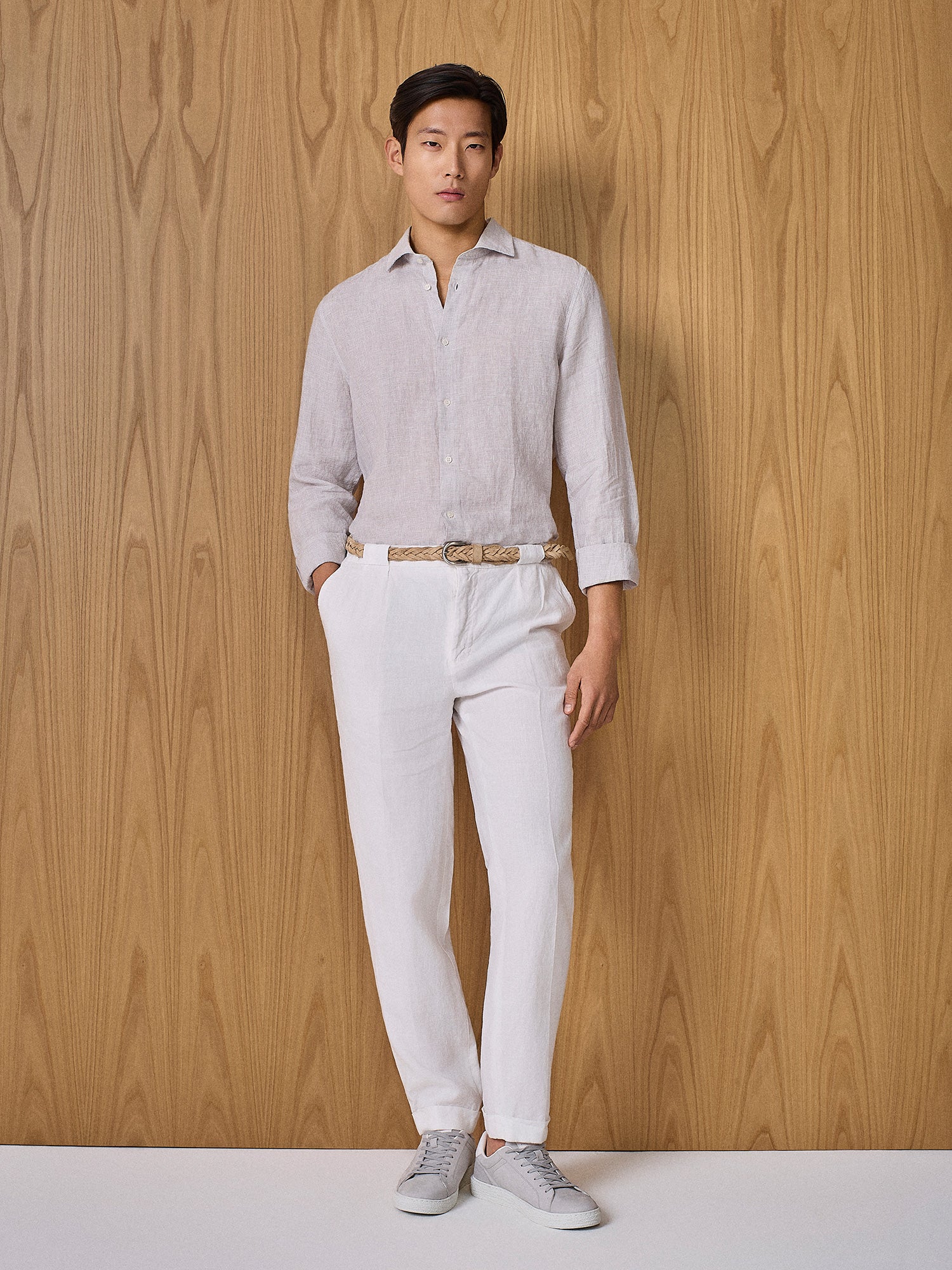 Camicia in lino pied de poule grigio chiaro - Image 3