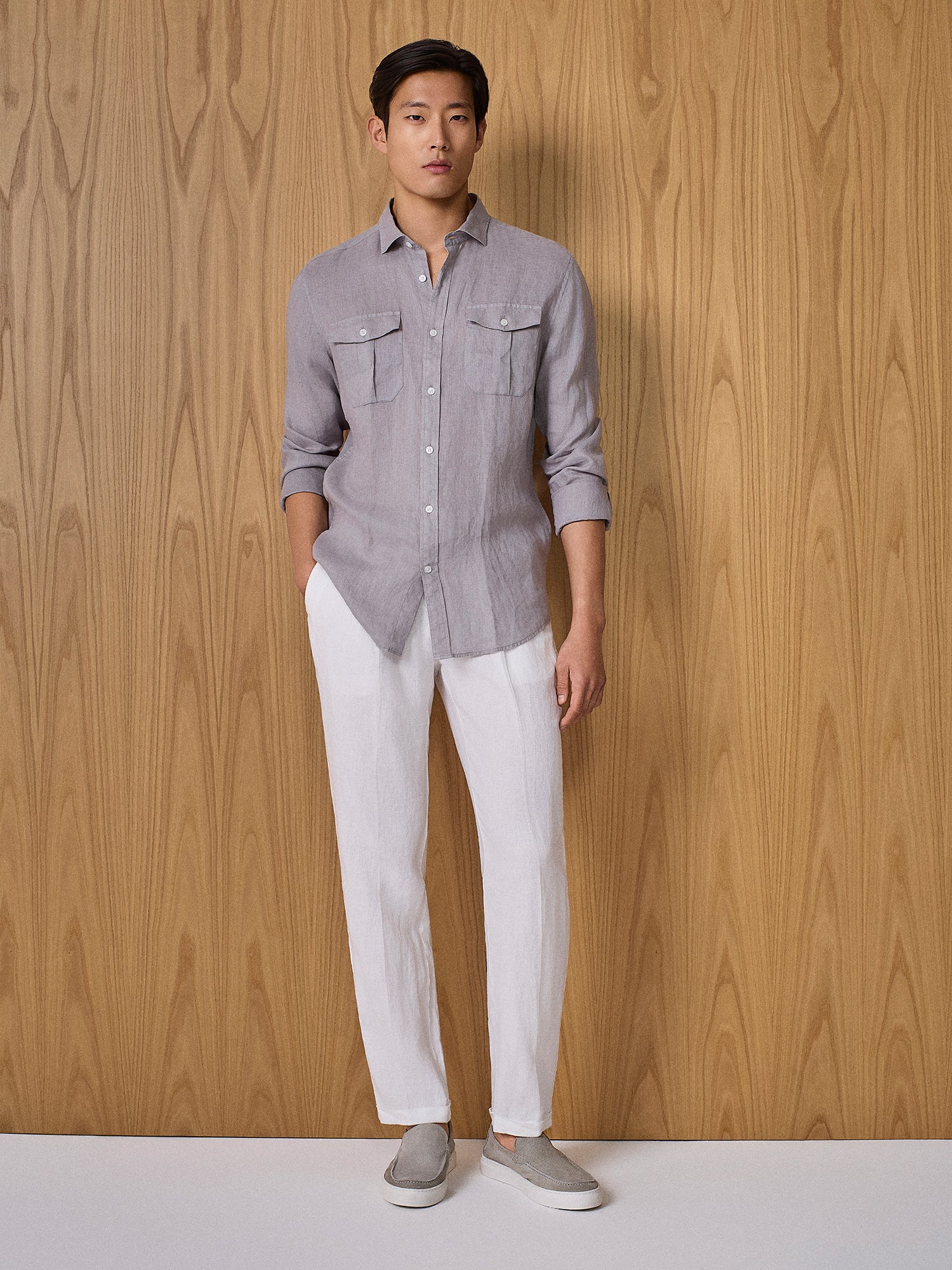 Camicia lino con tasche grigio - Image 3