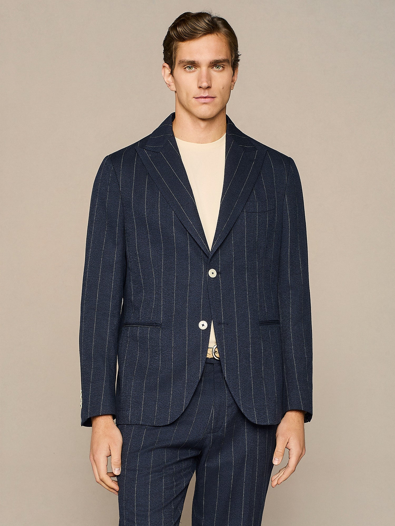 Giacca misto lino gessata navy
