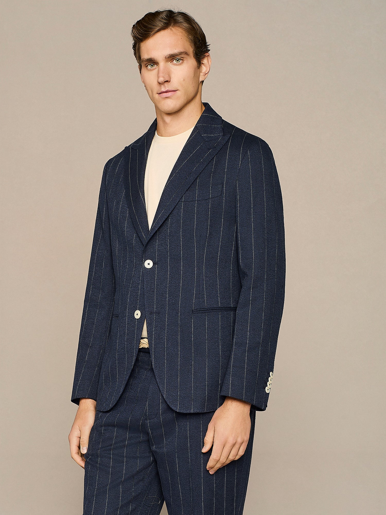 Giacca misto lino gessata navy - Image 2