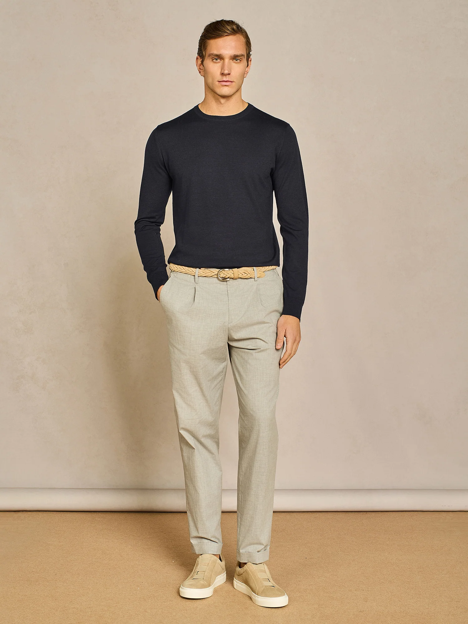 Girocollo in maglia misto seta e cashmere blu - Image 3