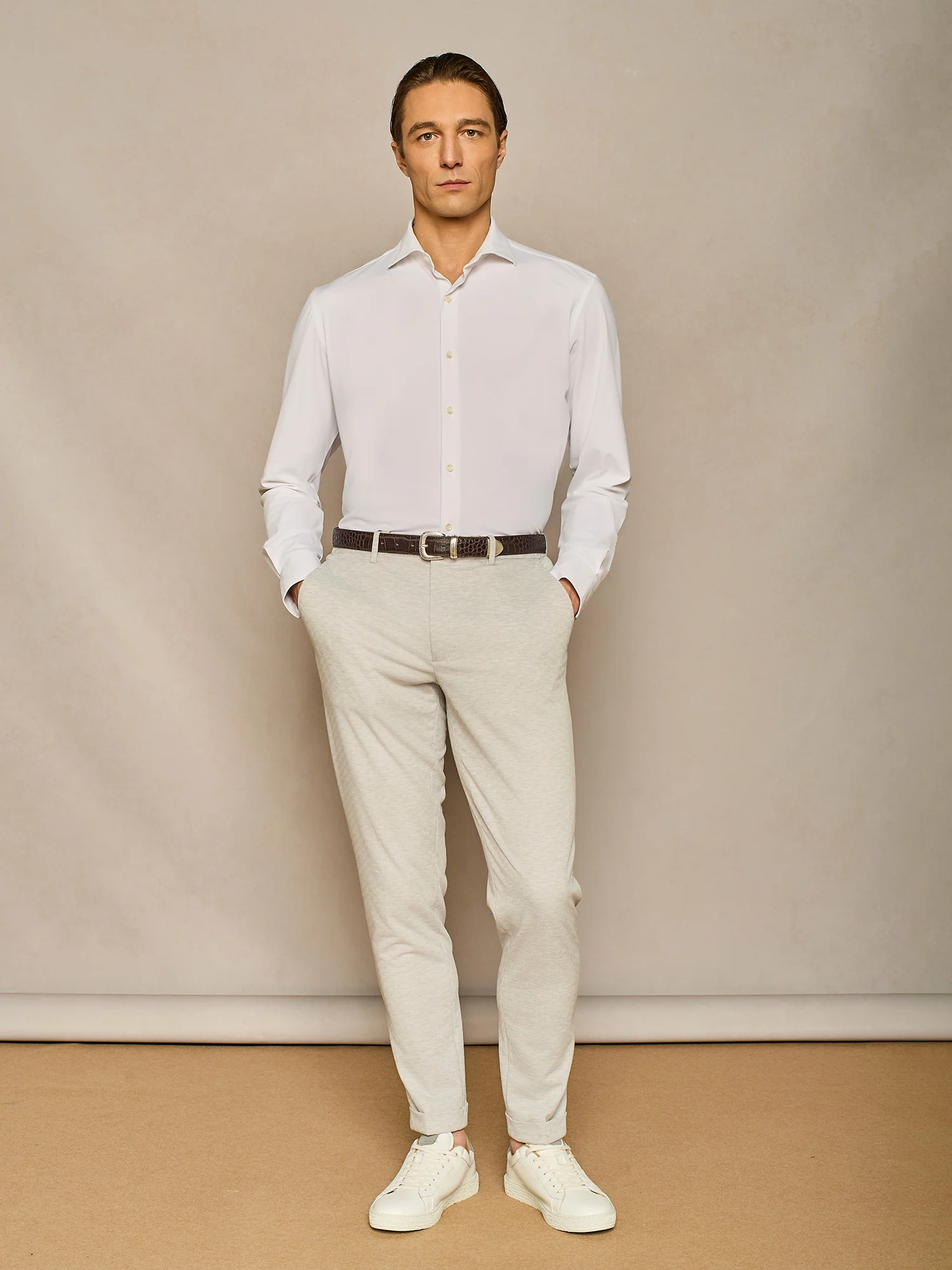 Pantalone con laccio in jersey gessato grigio chiaro