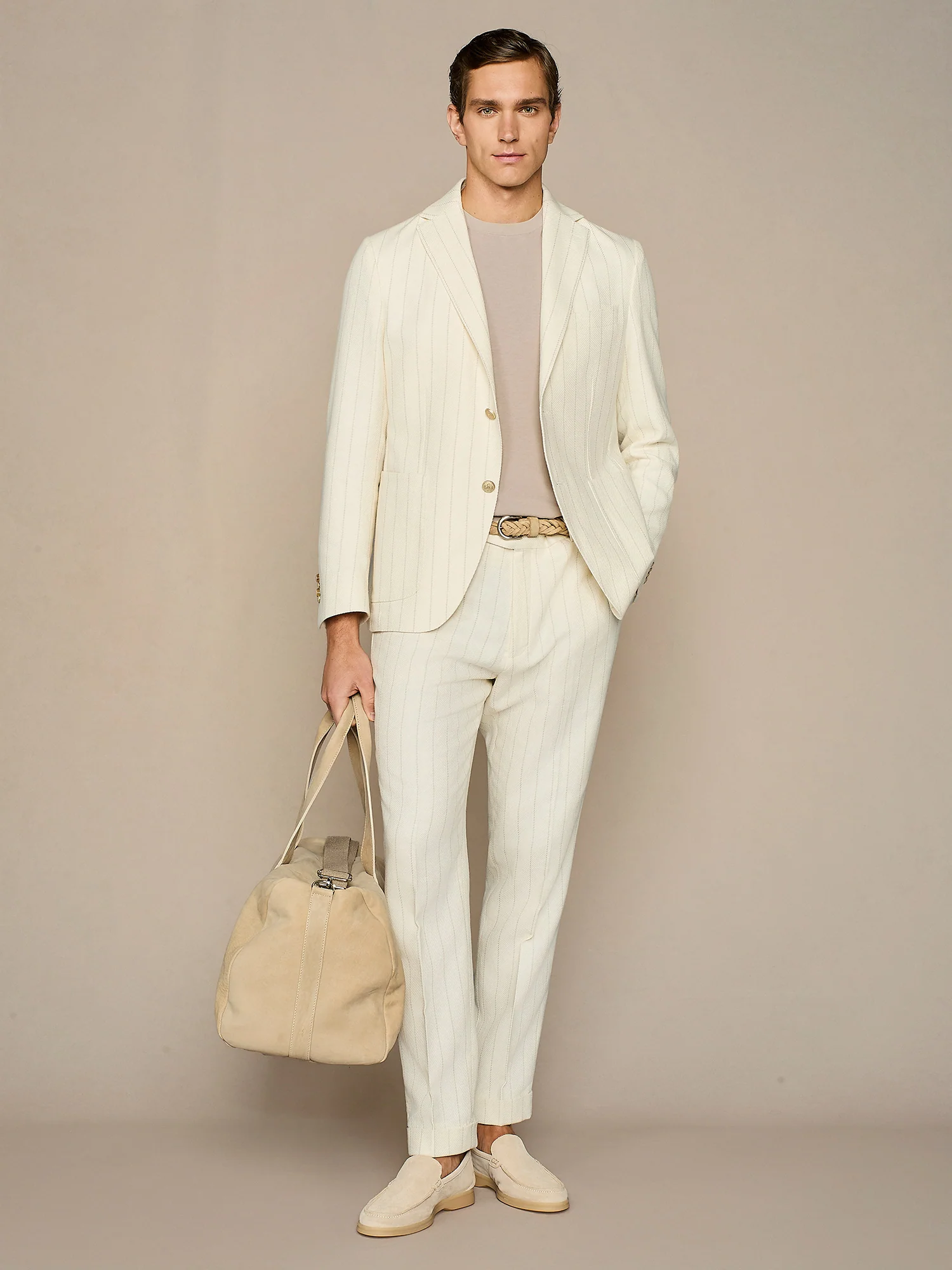 Pantalone misto lino gessato bianco