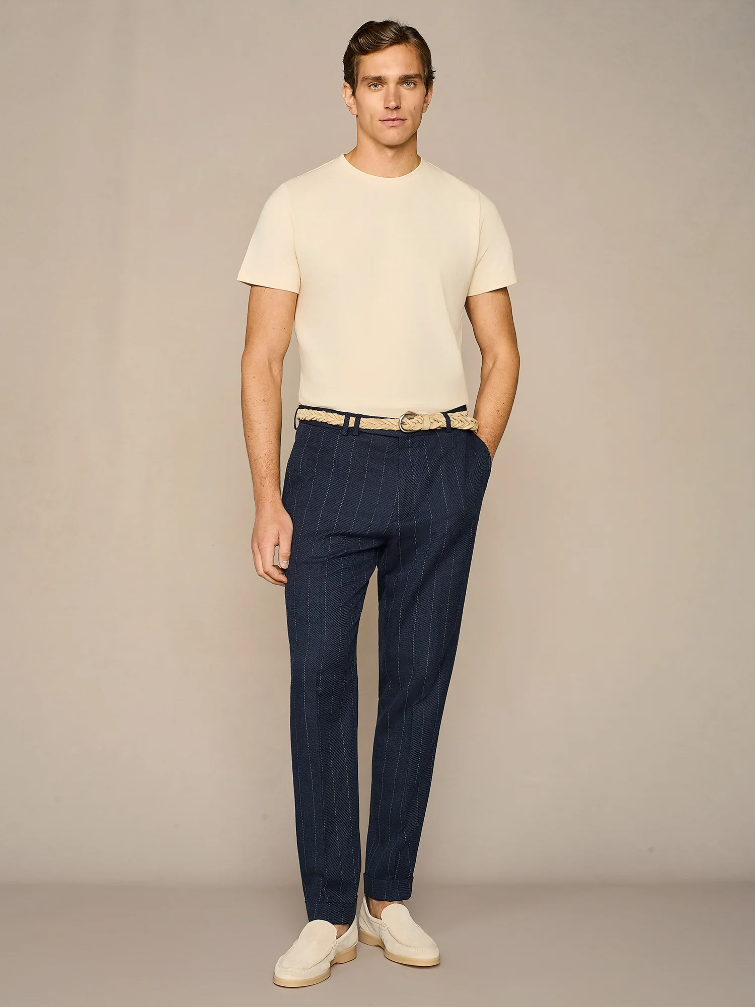 Pantalone misto lino gessato navy