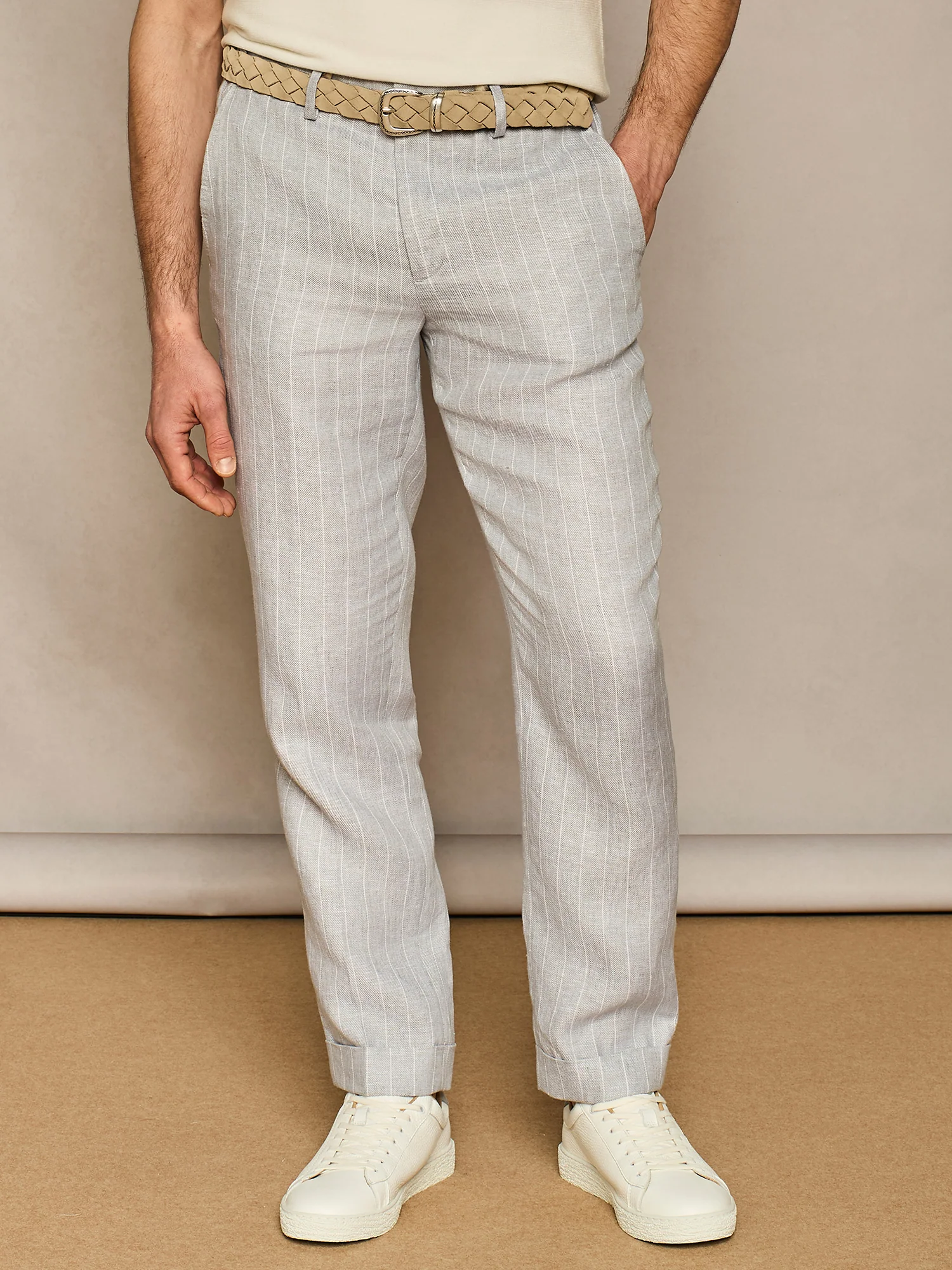 Pantalone wide fit con laccio in lino gessato grigio - Image 2