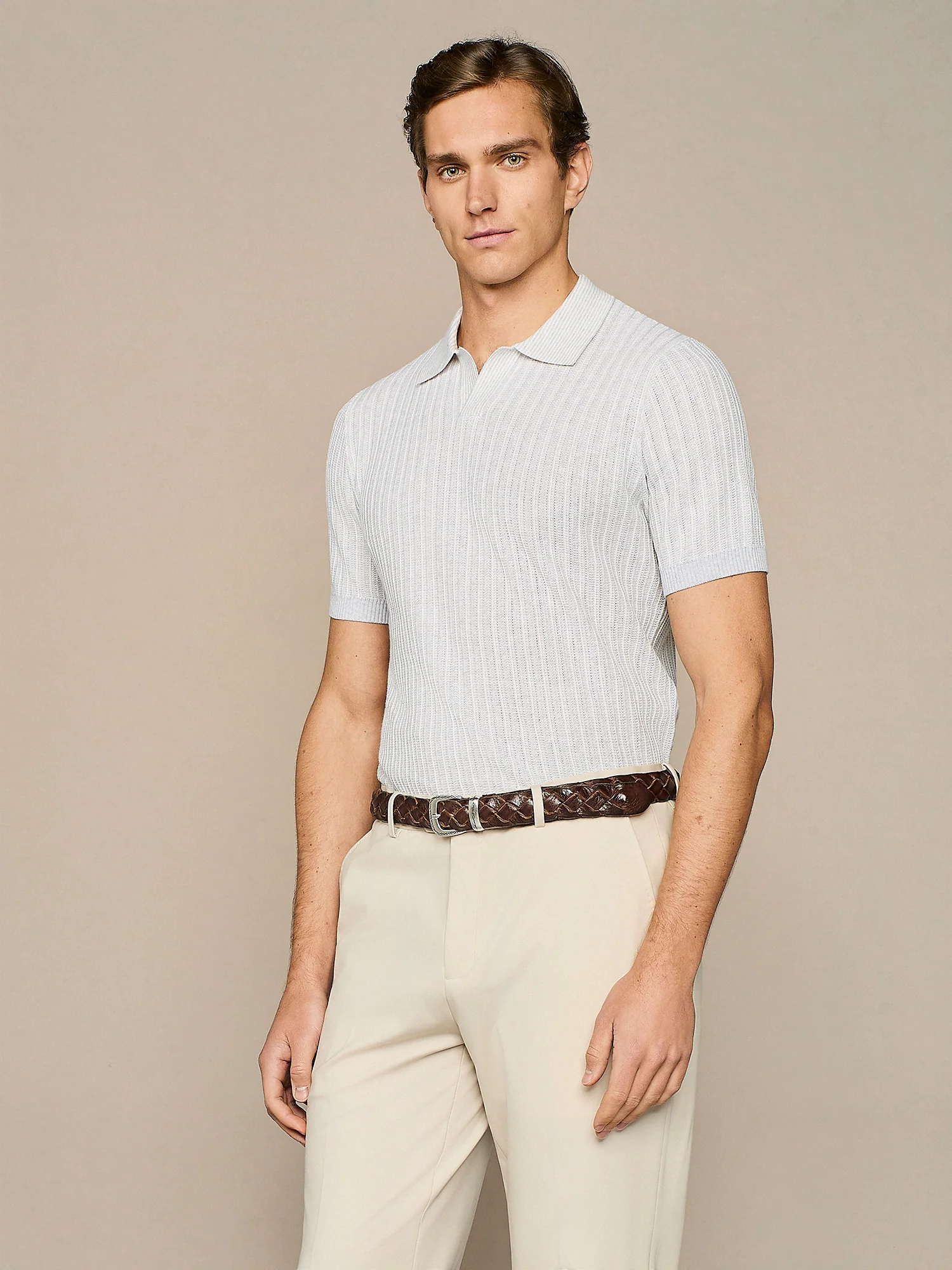 Polo in maglia lavorata grigio chiaro melange - Image 2
