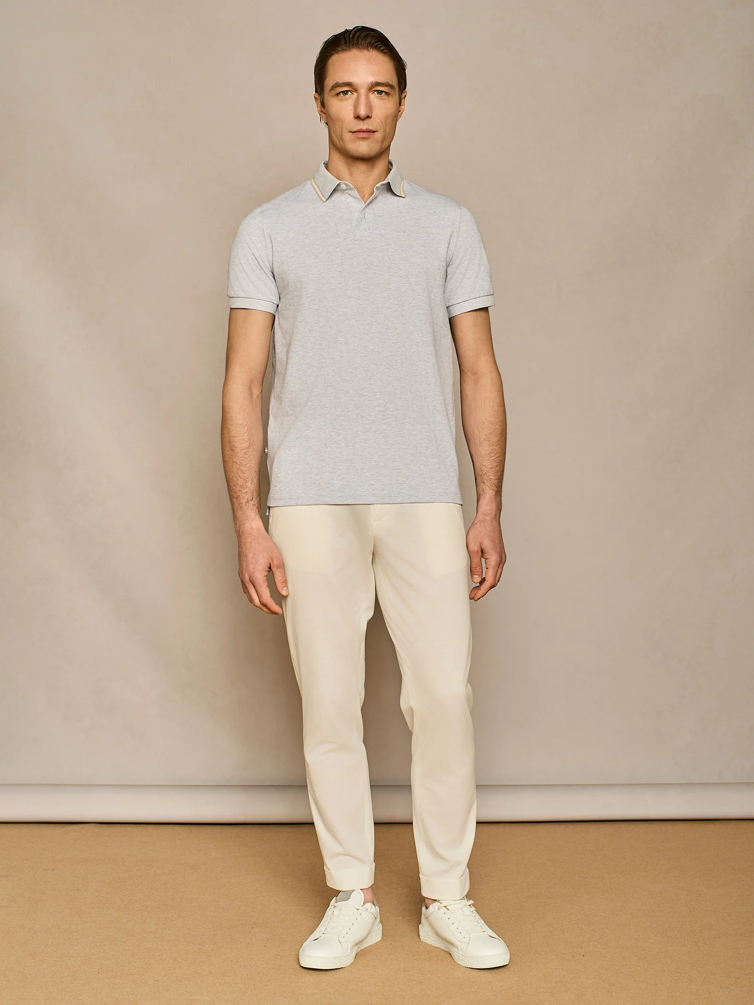 Polo piquet con righe collo a contrasto colore grigio chiaro melange - Image 3