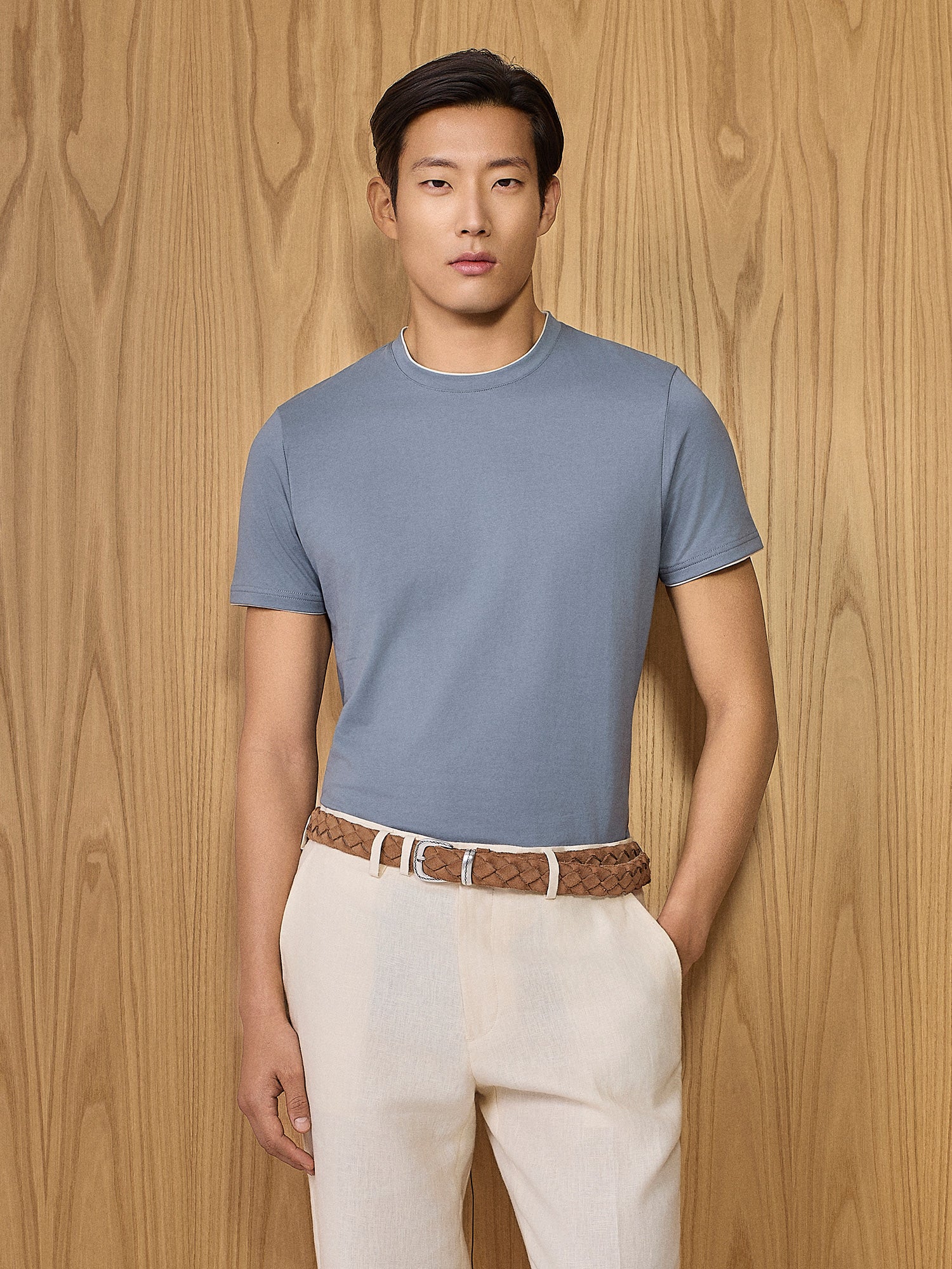 T-shirt doppio collo jersey ceruleo