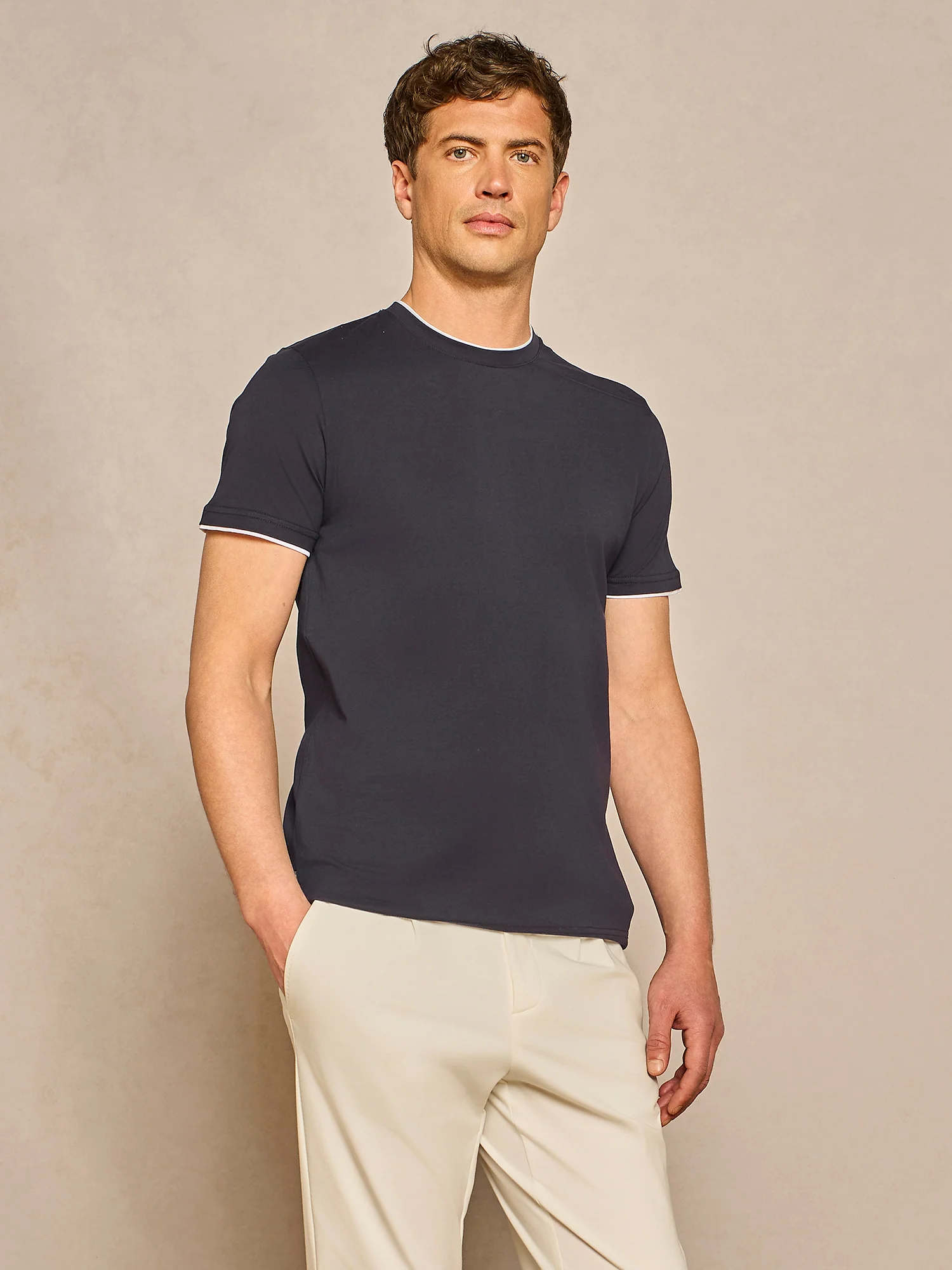 T-shirt doppio collo jersey blu - Image 2