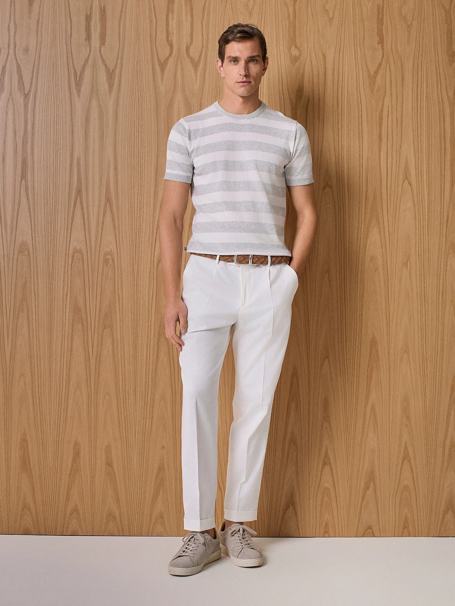 T-shirt in maglia a righe grigio chiaro melange - Image 3