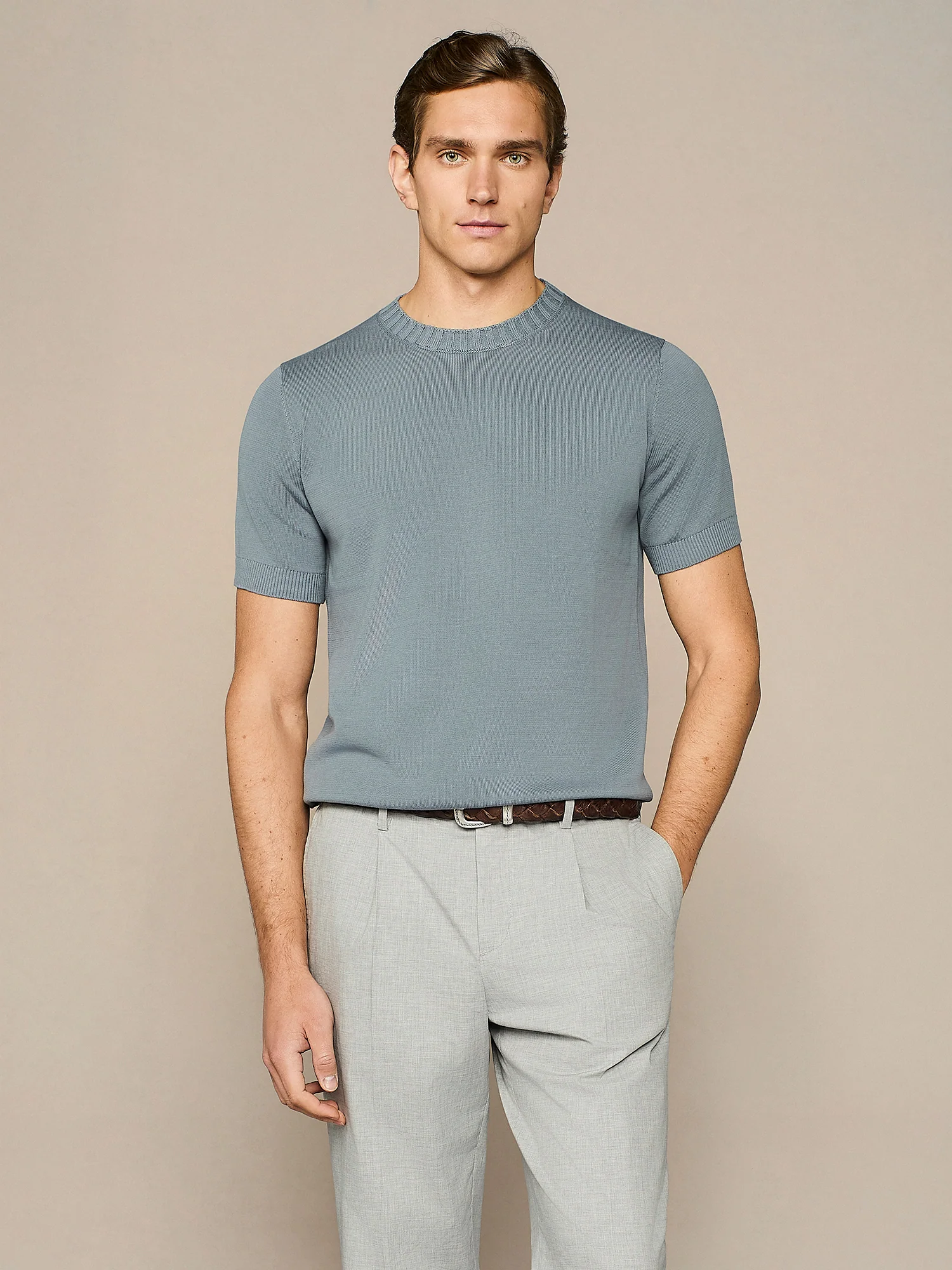 T-shirt in maglia in cotone lavato ceruleo