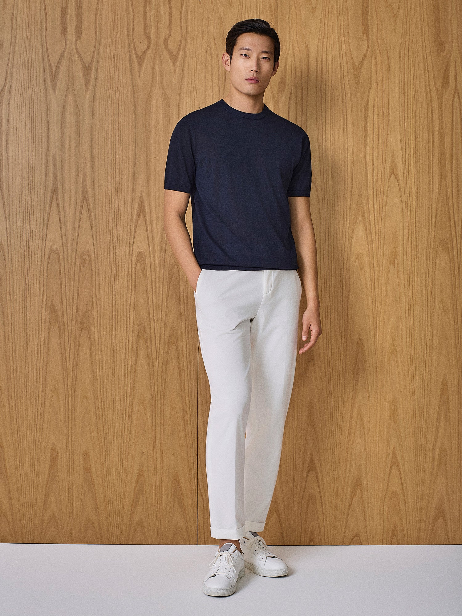 T-shirt in maglia misto seta e cashmere blu - Image 3